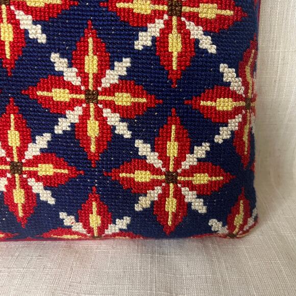 Vintage Navy Blue Red Geometric Petit Point Cushion Pillow Foam Insert Handmade - Picture 8 of 10